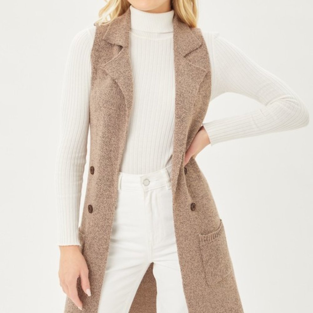 Sleeveless Long Cardigan Vest, CoCo Brown
